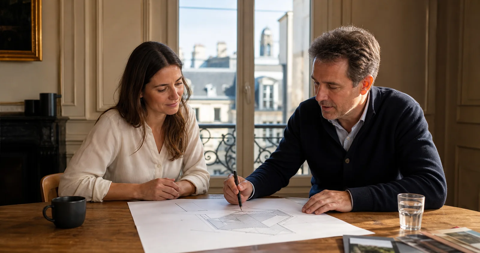 Conseiller solaire examinant un plan de toiture avec une propriétaire
