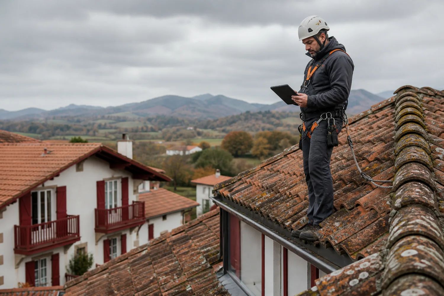 Technicien réalisant une étude de toiture dans les Pyrénées-Atlantiques