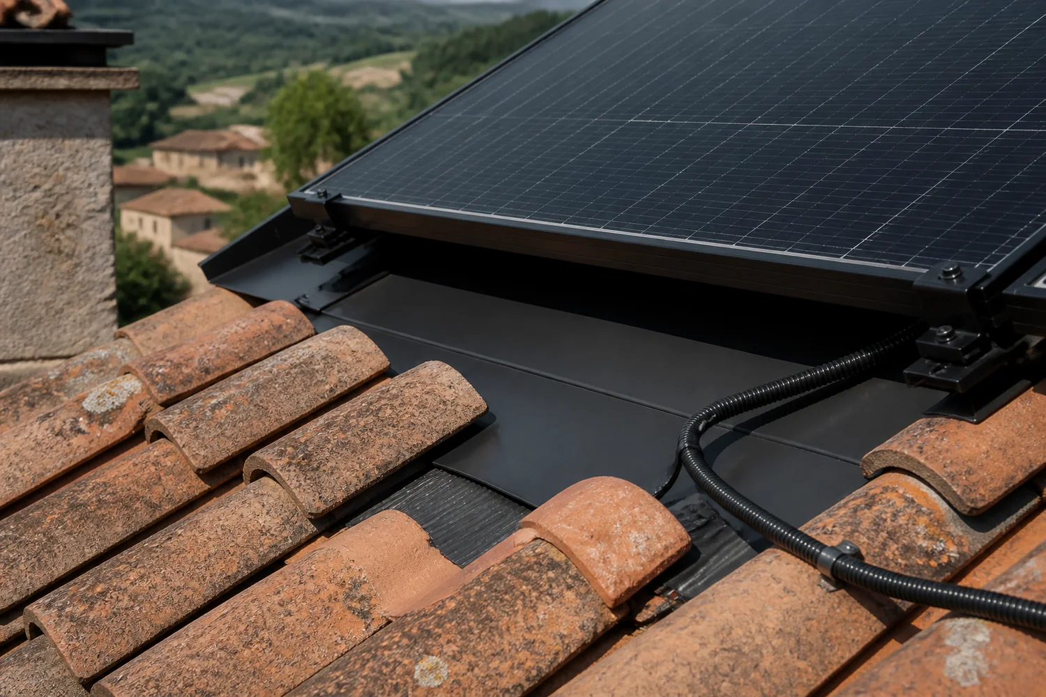 Détail de fixation photovoltaïque au-dessus de tuiles en terre cuite