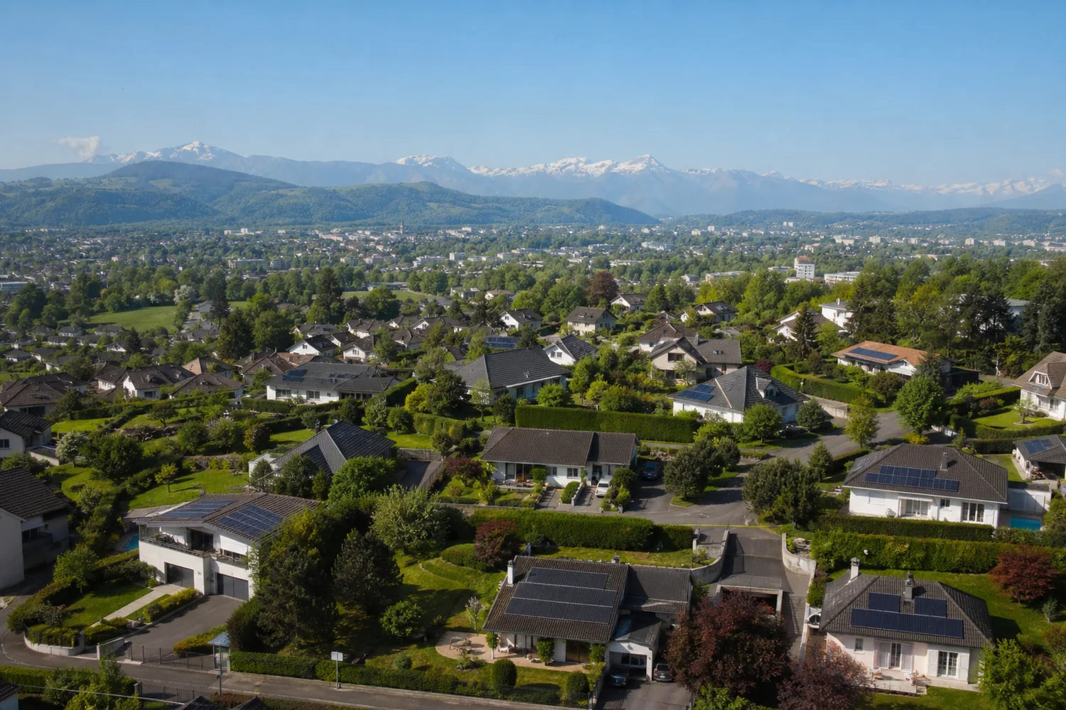 Vue aérienne de Pau et de toitures équipées de panneaux photovoltaïques